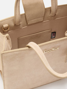 Shopping bag mediana Beige en ante con placa del logo de metal 