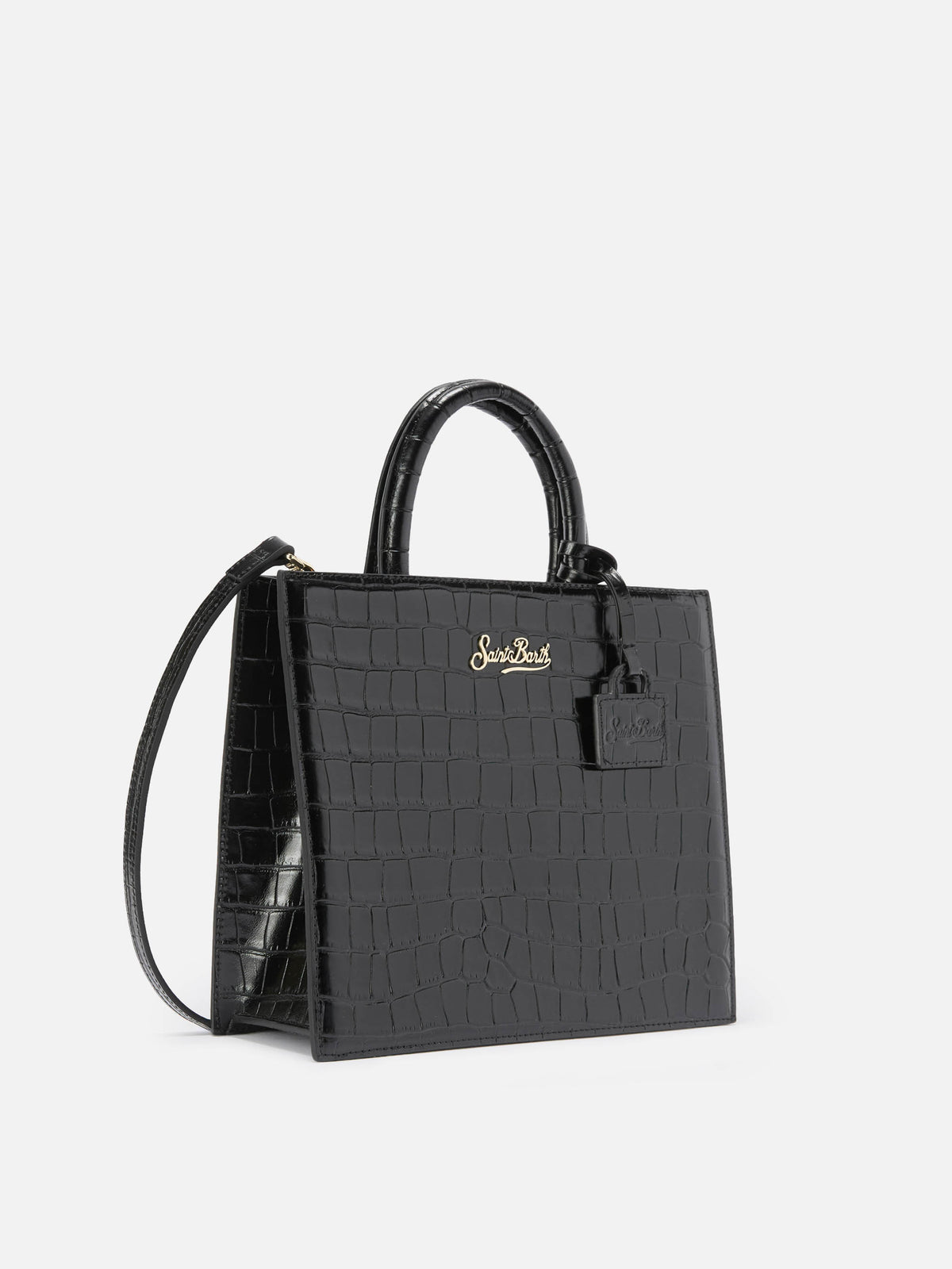 Black Medium Shop bag in croco print leather with metal logo plaque
