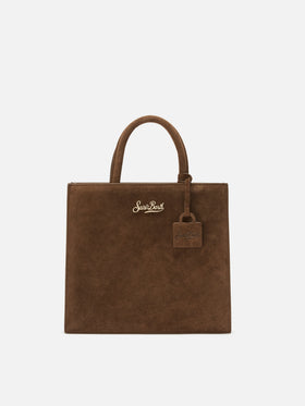 Braune mittelgroße Shopping-Bag aus Wildleder mit Logo-Schriftzug 