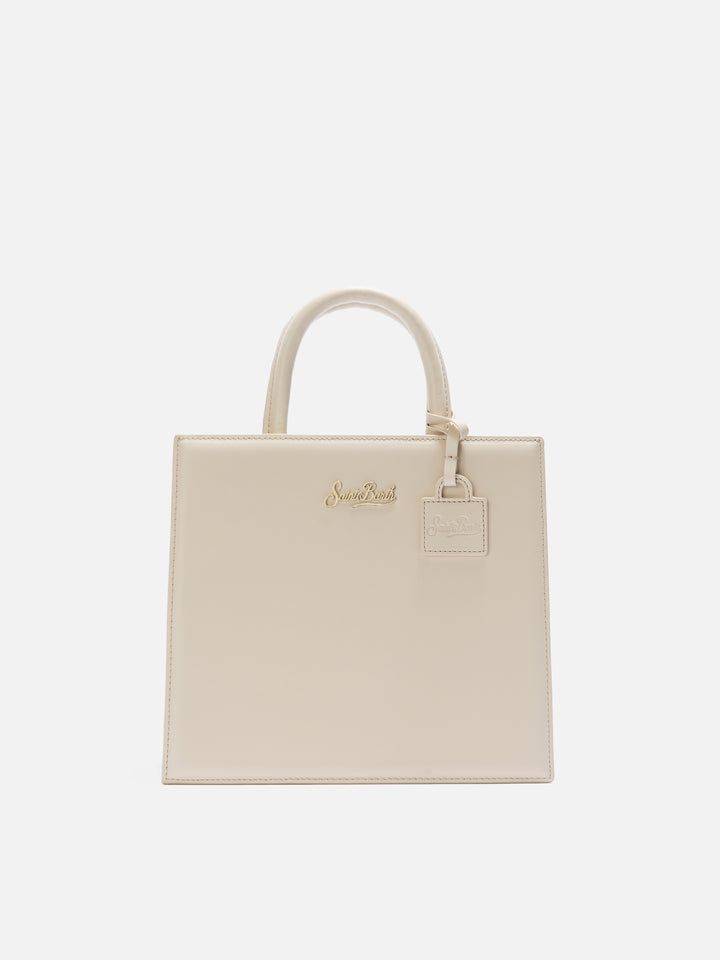 Structured Shop Midi bag in ivory smooth leather with metal tag