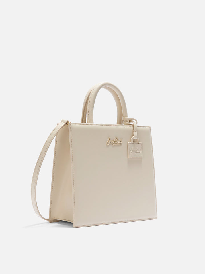 Structured Shop Midi bag in ivory smooth leather with metal tag