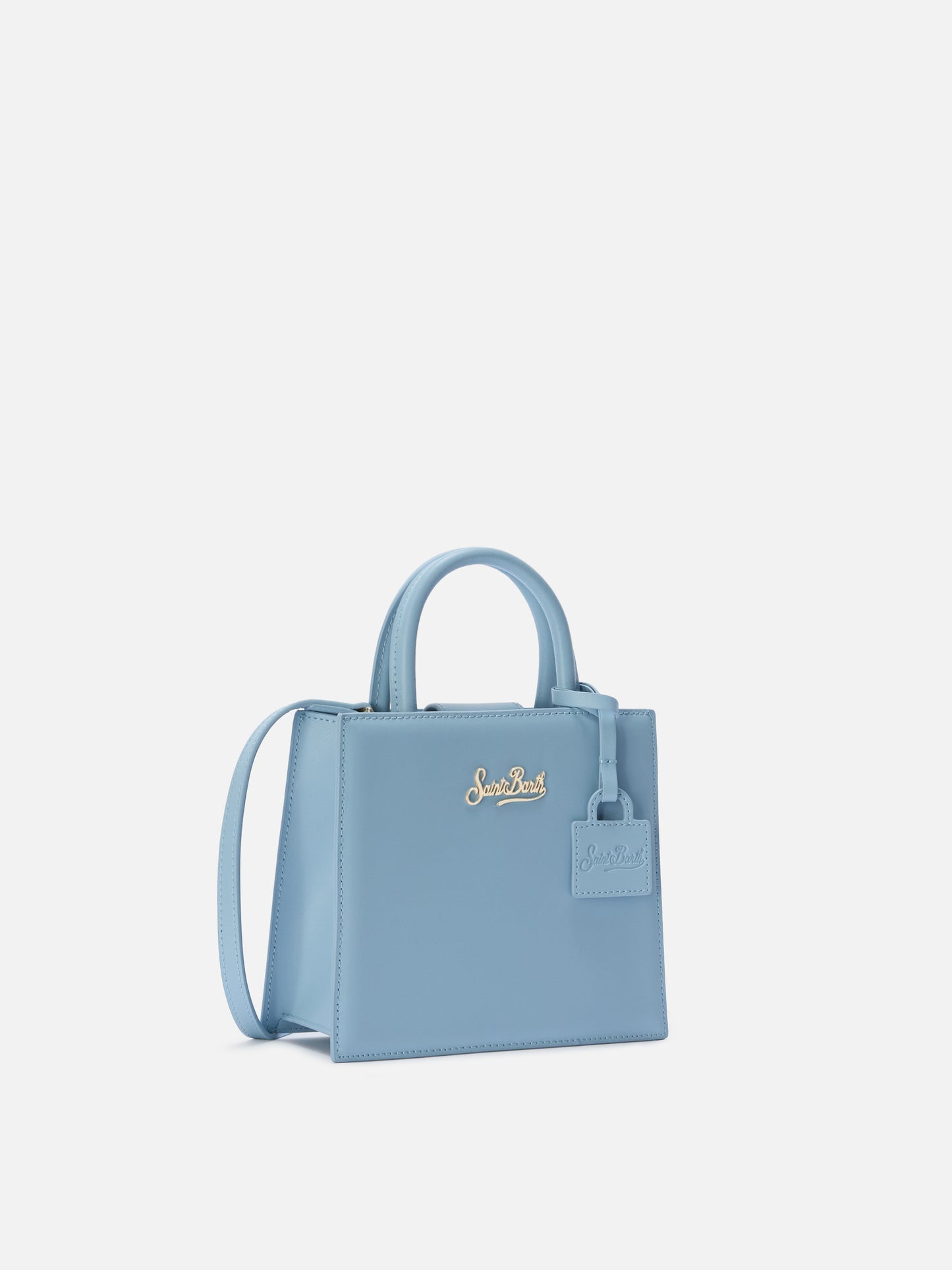 Structured Shop mini bag in light blue smooth leather with metal tag