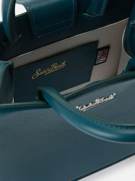 Structured Shop mini bag in teal green smooth leather with metal tag