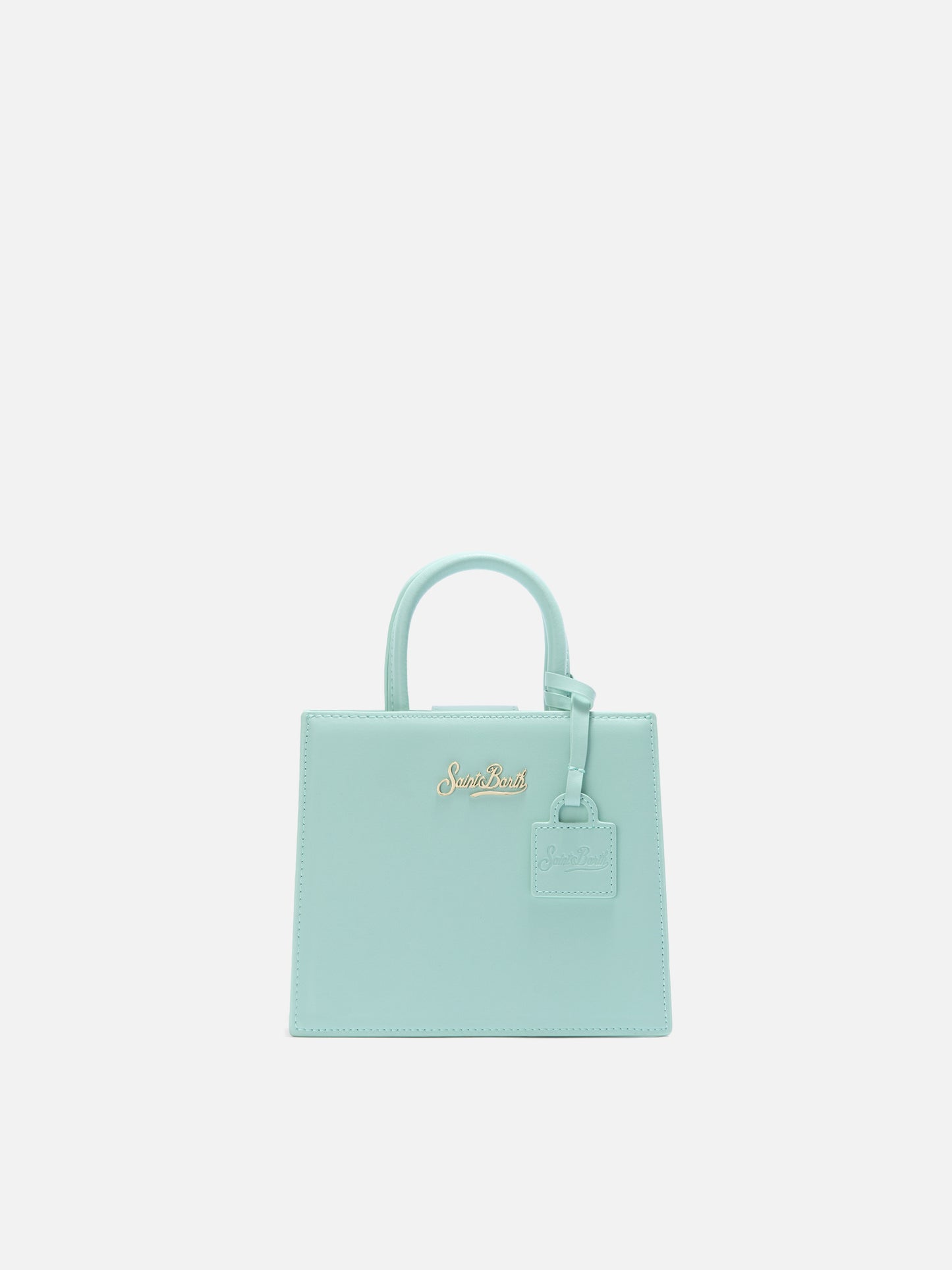 Structured Shop mini bag in mint green smooth leather with metal tag