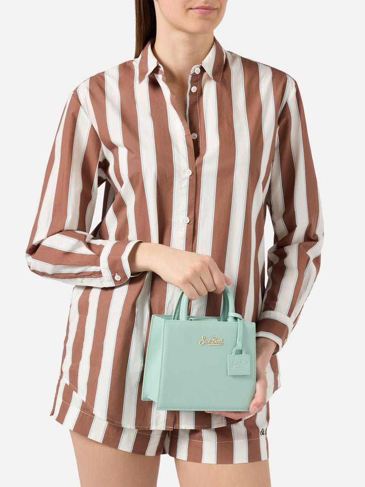 Structured Shop mini bag in mint green smooth leather with metal tag