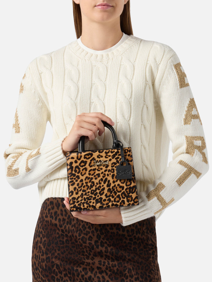 Borsa Shop Mini strutturata in cavallino leopardato con targhetta metallica
