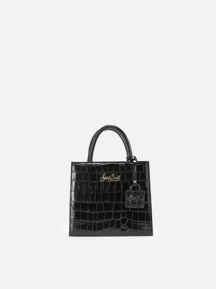 Schwarze Mini Shop Bag aus Leder mit Kroko-Print 