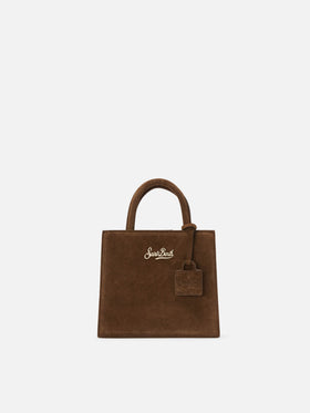 Braune Mini Shopper-Bag aus Wildleder mit Logo-Schriftzug 