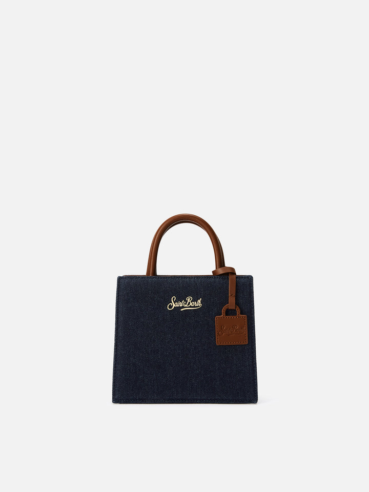Dark denim Mini Shop bag in leather with denim panels