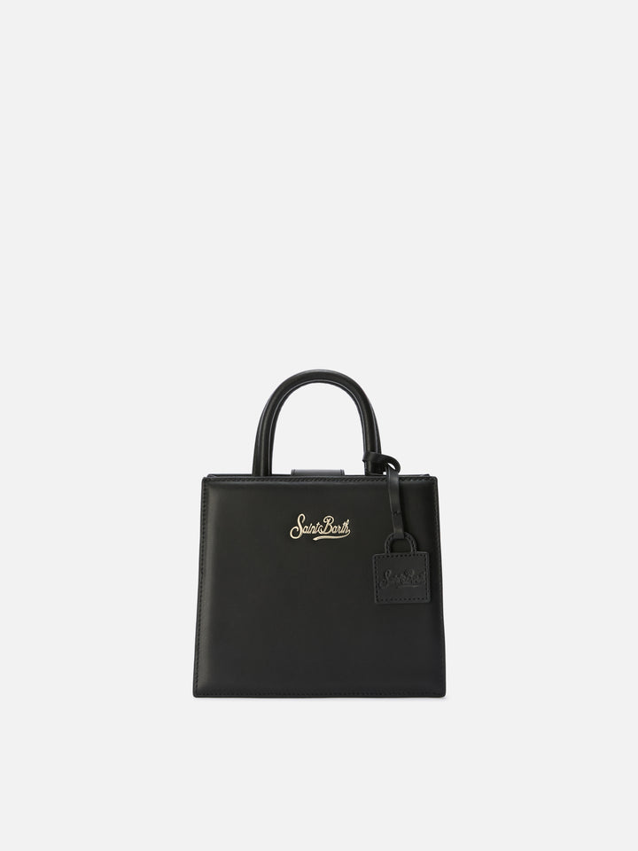Mini bag Structured Shop en piel lisa negra con placa metálica 