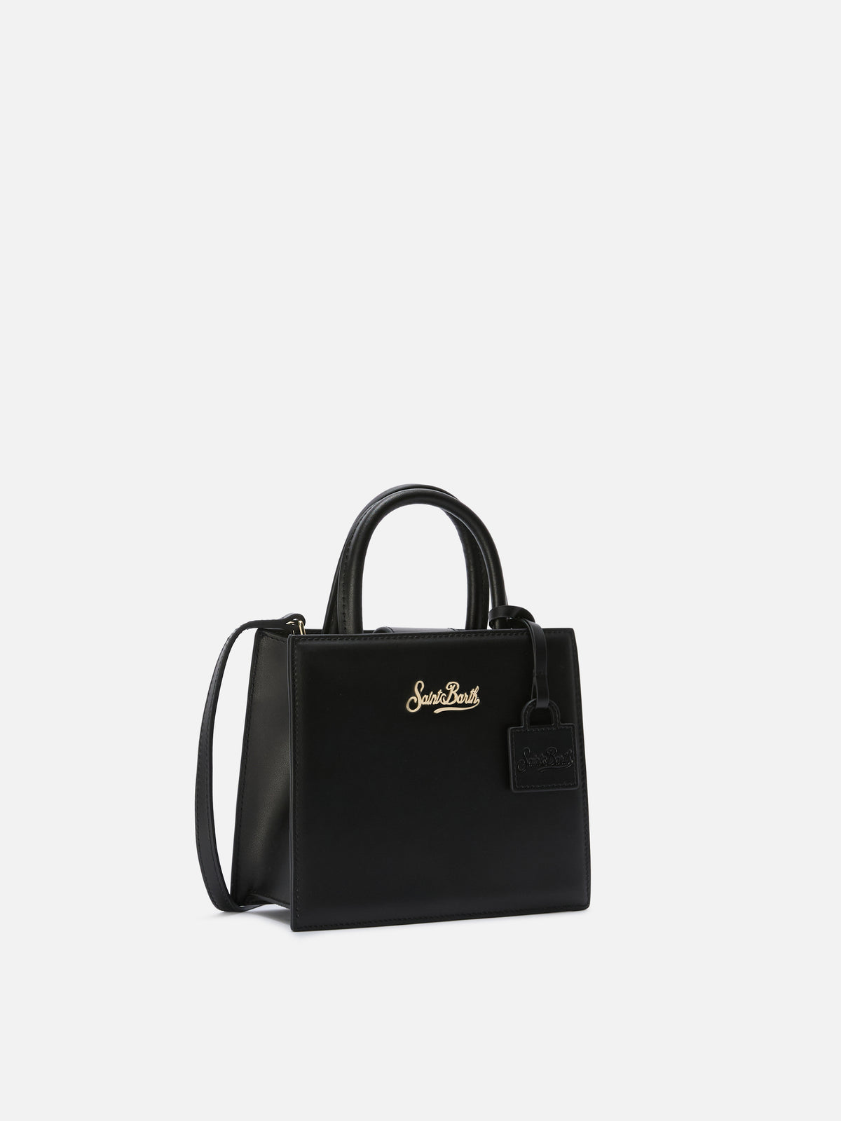 Structured Shop mini bag in black smooth leather with metal tag