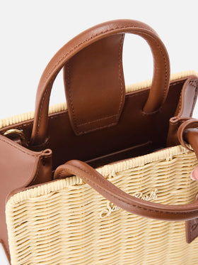 Borsa Shop Mini strutturata in midollino con dettagli in pelle marrone