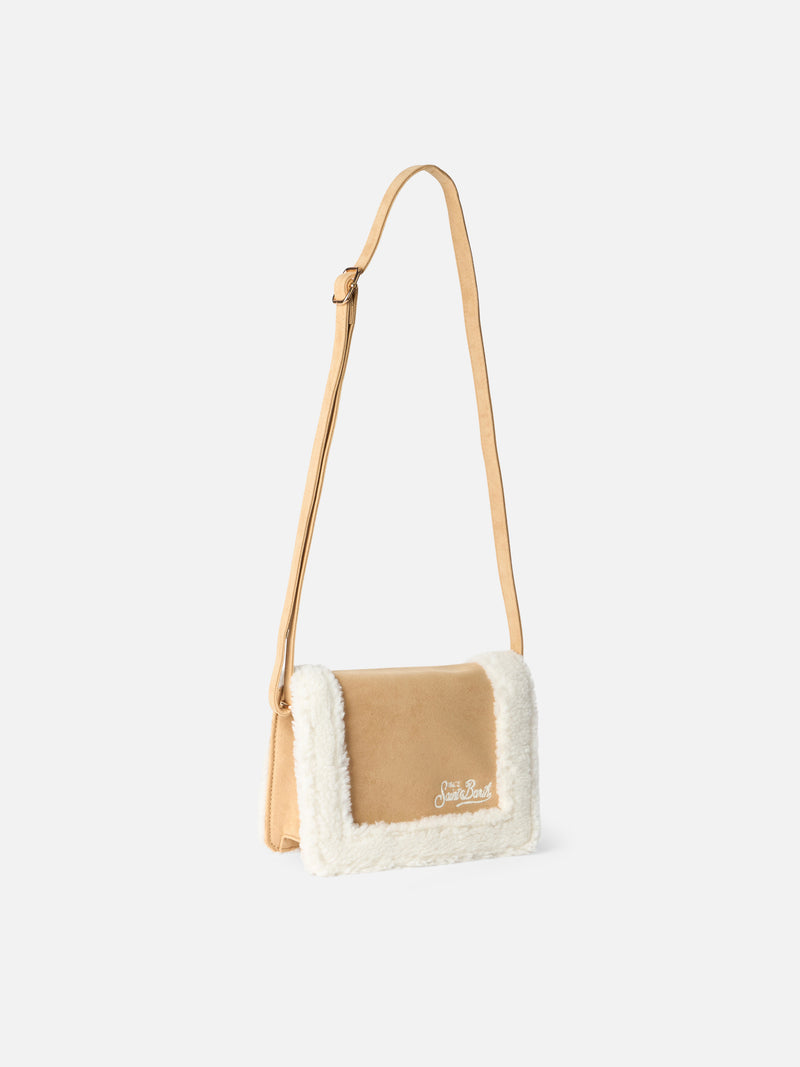 Camel mutton effect crossbody bag with shearly details