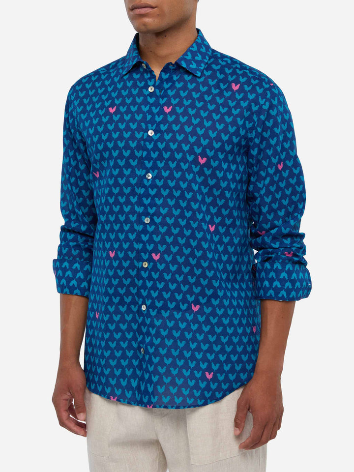 Camicia da uomo Sikelia in mussola di cotone con stampa gallo