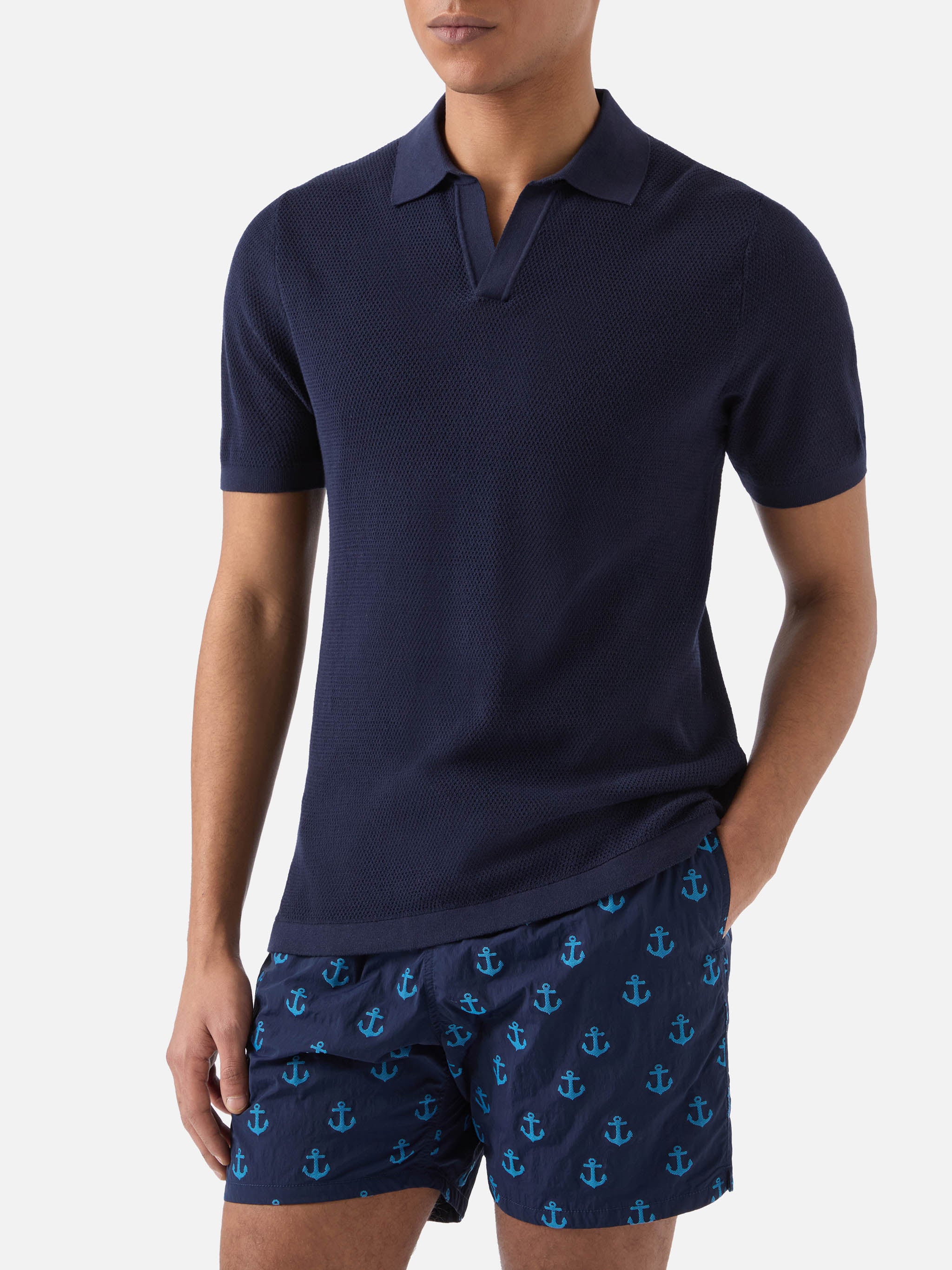 【SLOANE/スローン】 POLO KNIT ネイビー Sloan Mesh blue polo in premium high-twist cotton – MC2 Saint Barth