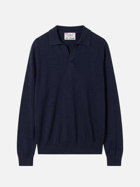 Polo a maniche lunghe Sloan in cotone pregiato e seta blu