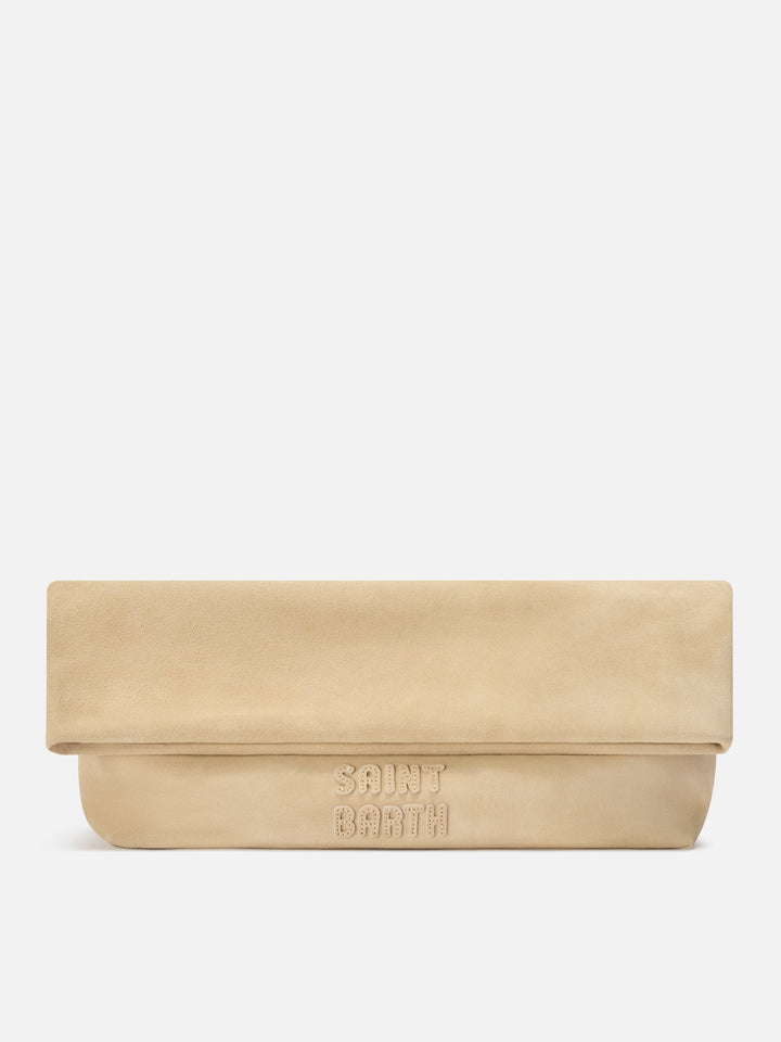 Maxi pouch en daim beige avec patch logo 