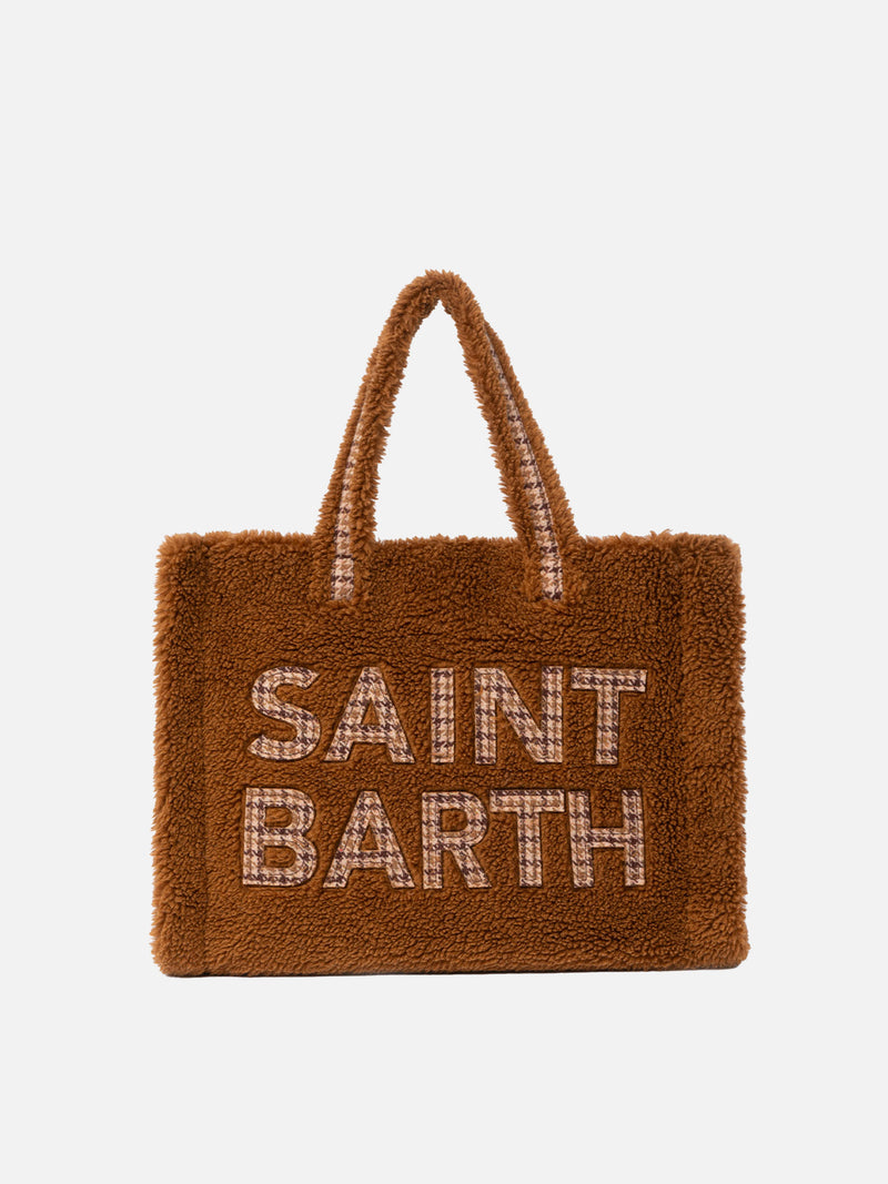 Weiche Tasche aus braunem Teddy mit kariertem Saint Barth-Logo