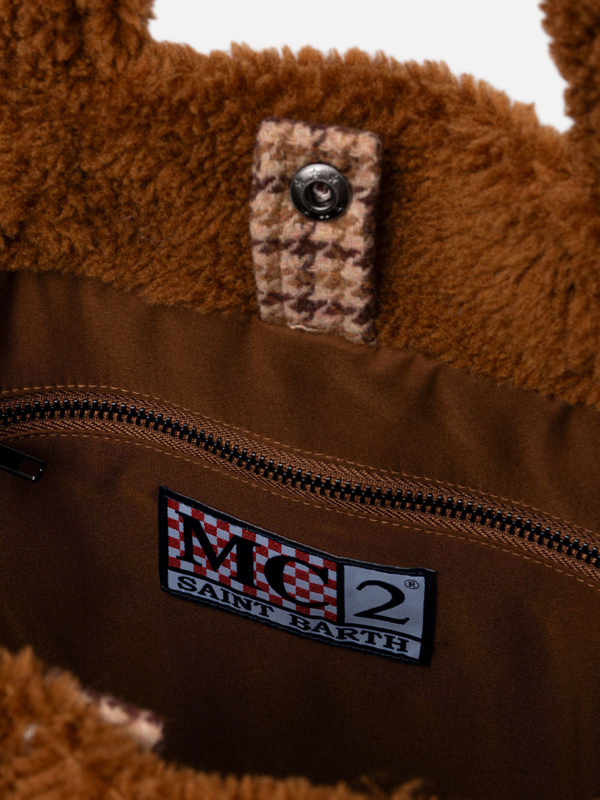 Brown teddy Soft Bag with Saint Barth checkered logo