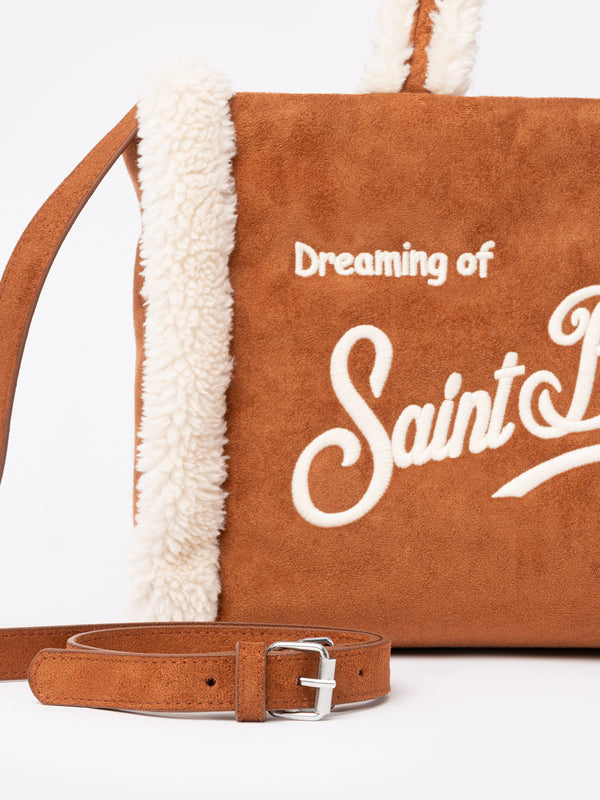 Camel mutton-like Soft Bag Small with Saint Barth logo and shoulder strap