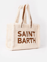 Weiße Soft Bag Small aus Teddyfell mit Saint Barth-Logo und Schultergurt