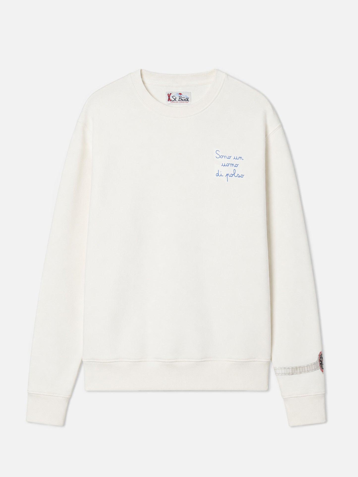 Sudadera de algodón Soho en blanco con estampado de reloj de pulsera y bordado 