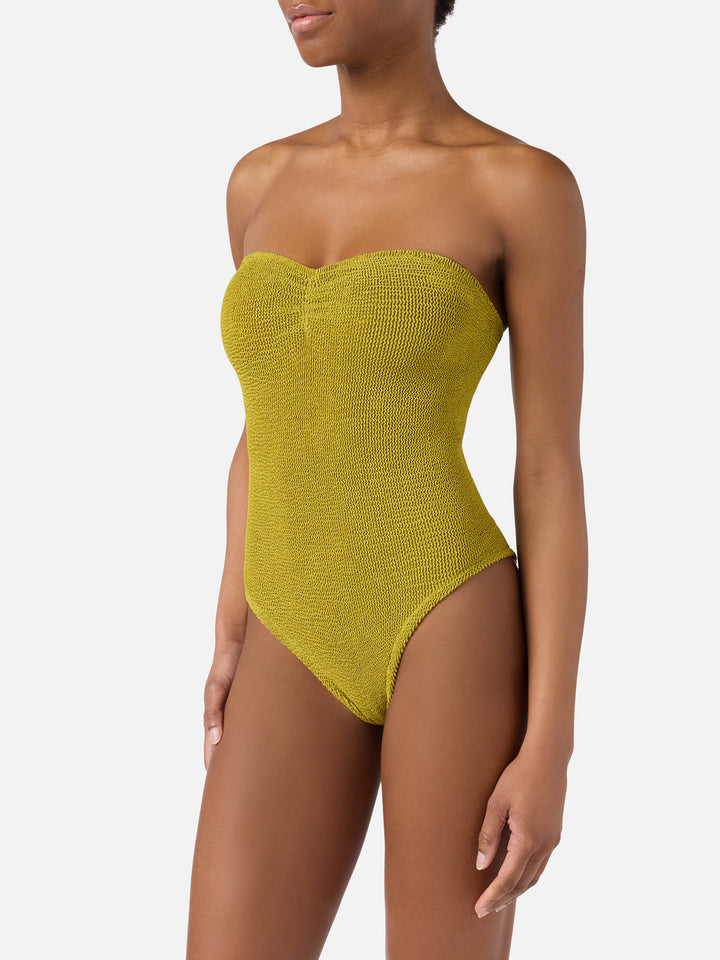 Soleil bandeau one-piece swimsuit in pistachio green crinkle fabric