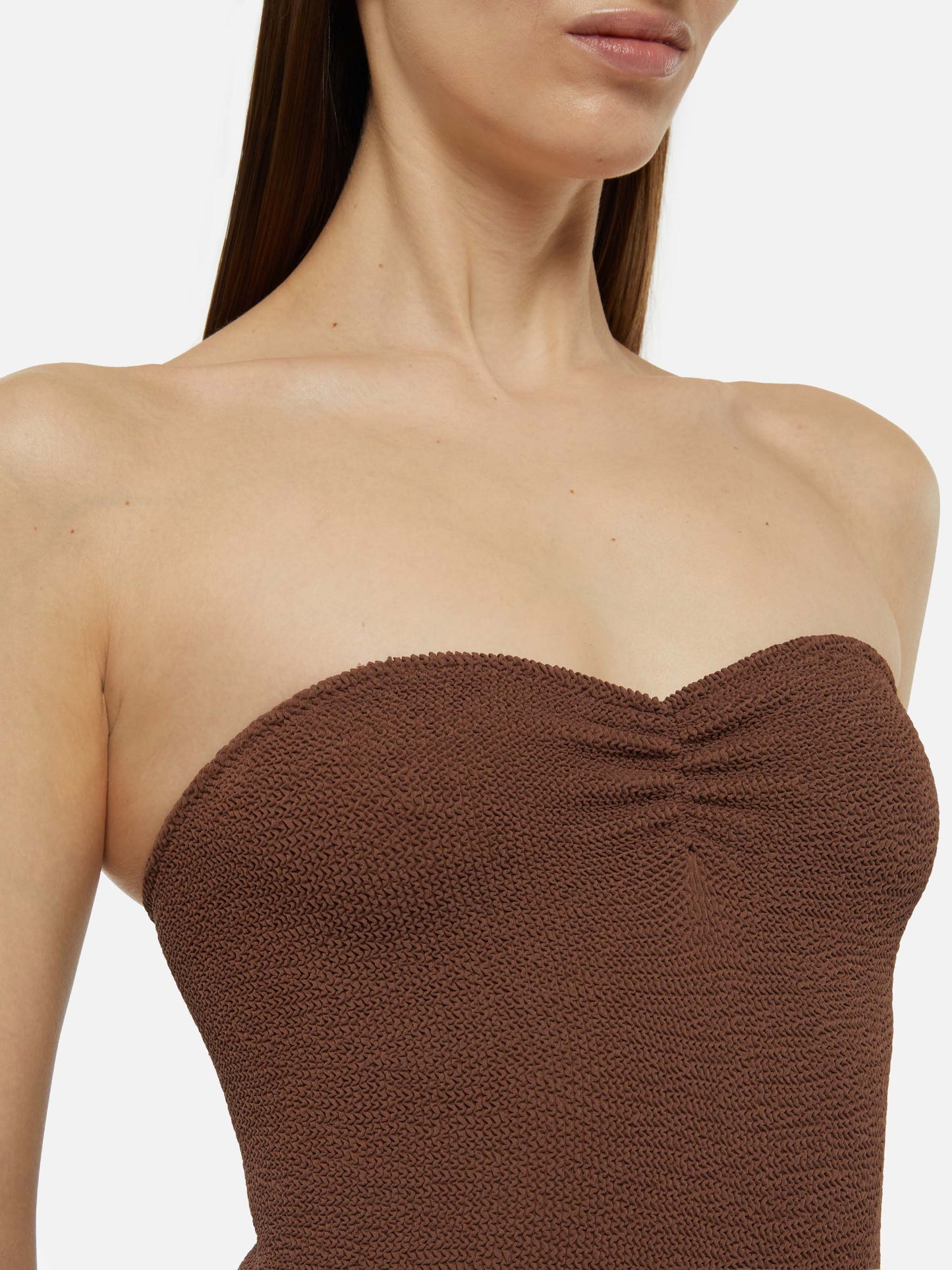 Soleil brown crinkle strapless one-piece swimsuit