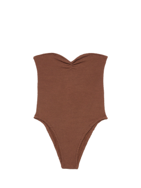 Soleil brown crinkle strapless one-piece swimsuit