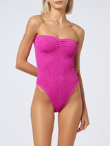 Woman fuchsia lurex strapless one piece swimsuit Soleil