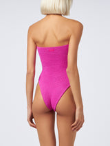 Woman fuchsia lurex strapless one piece swimsuit Soleil