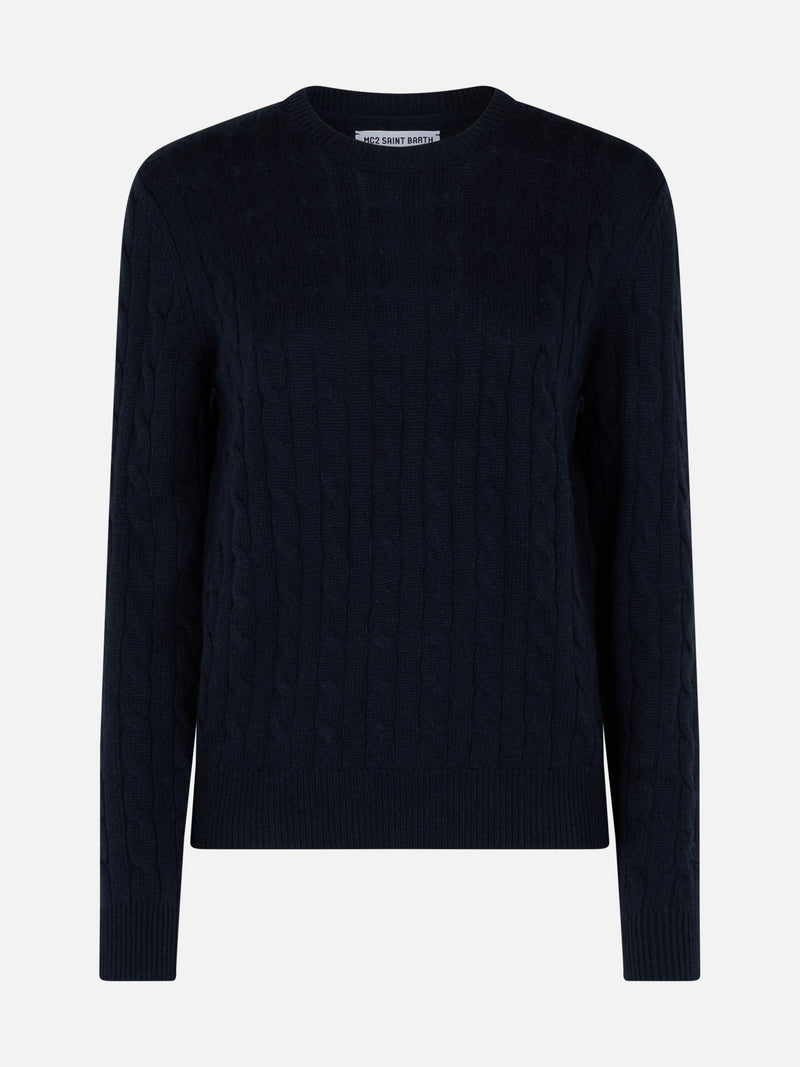 Woman cashmere blend cable knit navy blue sweater Sorbonne