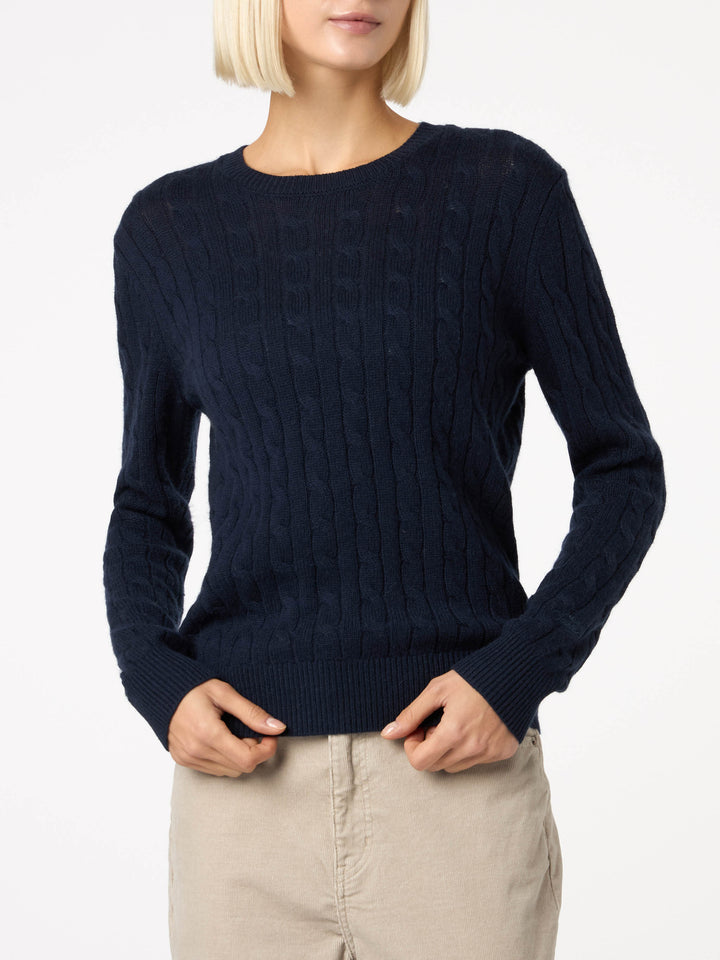 Marineblauer Pullover Sorbonne aus Kaschmirmischung mit Zopfmuster für Damen