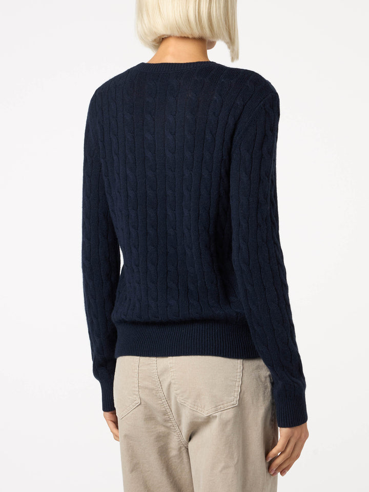 Marineblauer Pullover Sorbonne aus Kaschmirmischung mit Zopfmuster für Damen