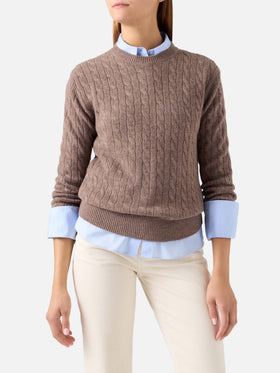 Jersey de punto de cuello redondo en lana Nut Sorbonne con punto trenzado 