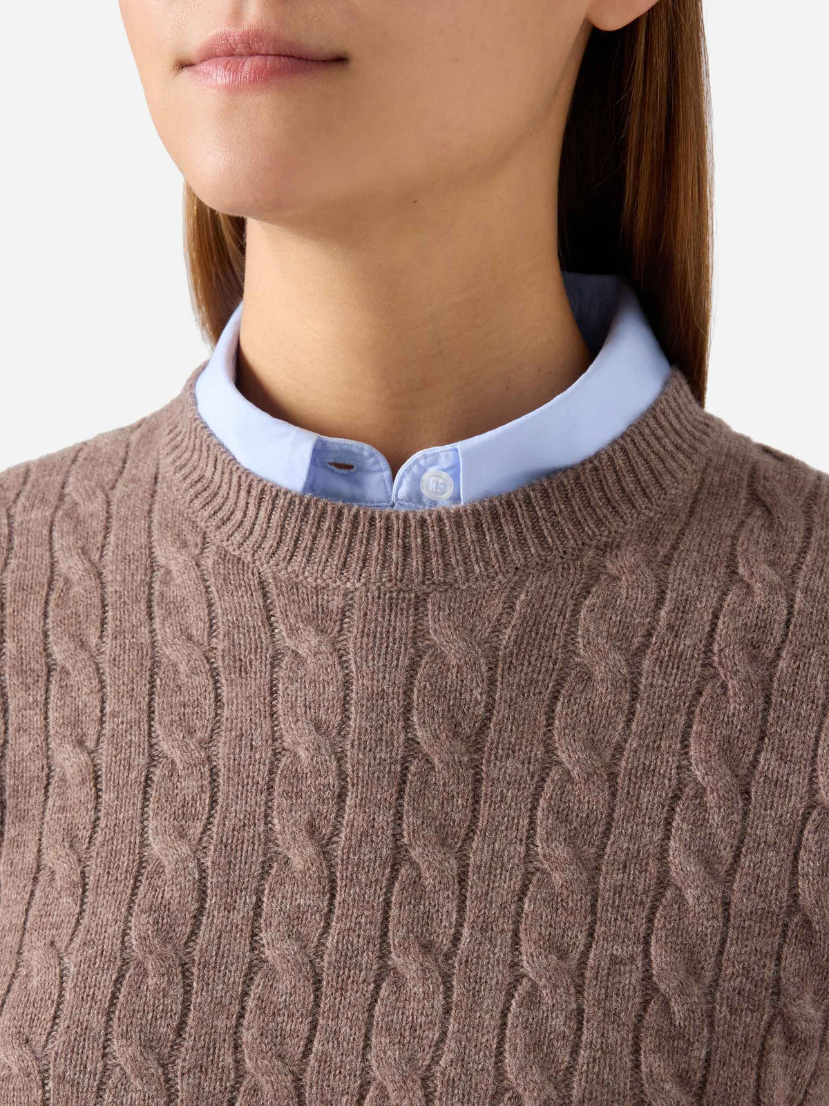 Jersey de punto de cuello redondo en lana Nut Sorbonne con punto trenzado 