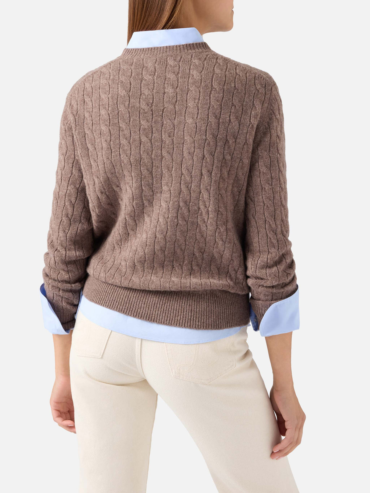 Jersey de punto de cuello redondo en lana Nut Sorbonne con punto trenzado 