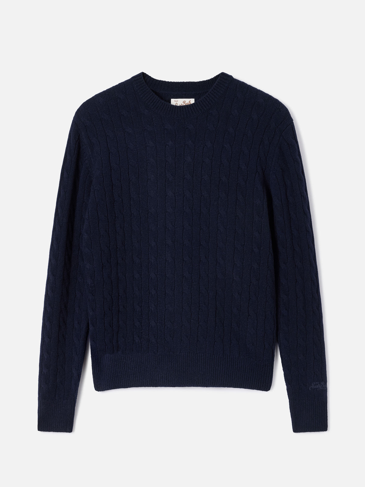 Jersey de punto de cuello redondo Night blue Sorbonne en lana con punto trenzado 