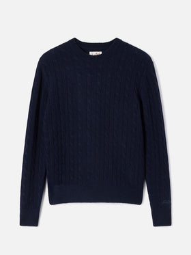 Jersey de punto de cuello redondo Night blue Sorbonne en lana con punto trenzado 