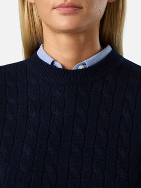 Jersey de punto de cuello redondo Night blue Sorbonne en lana con punto trenzado 