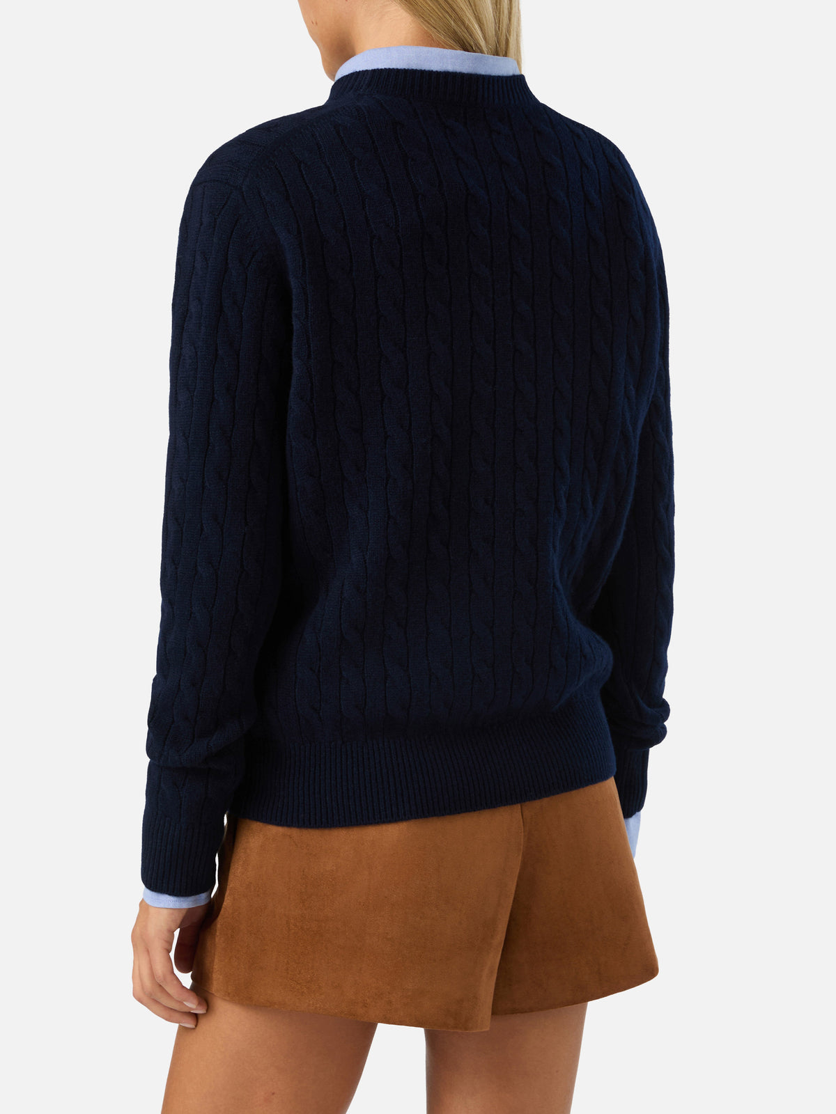 Jersey de punto de cuello redondo Night blue Sorbonne en lana con punto trenzado 