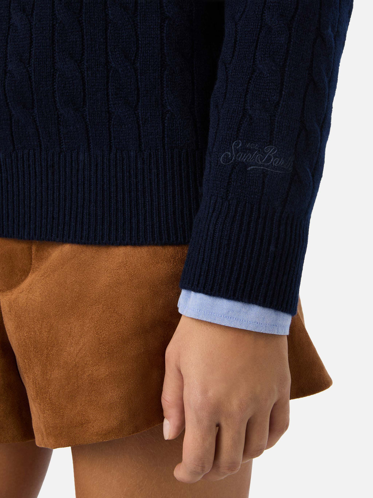 Jersey de punto de cuello redondo Night blue Sorbonne en lana con punto trenzado 