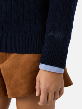 Jersey de punto de cuello redondo Night blue Sorbonne en lana con punto trenzado 