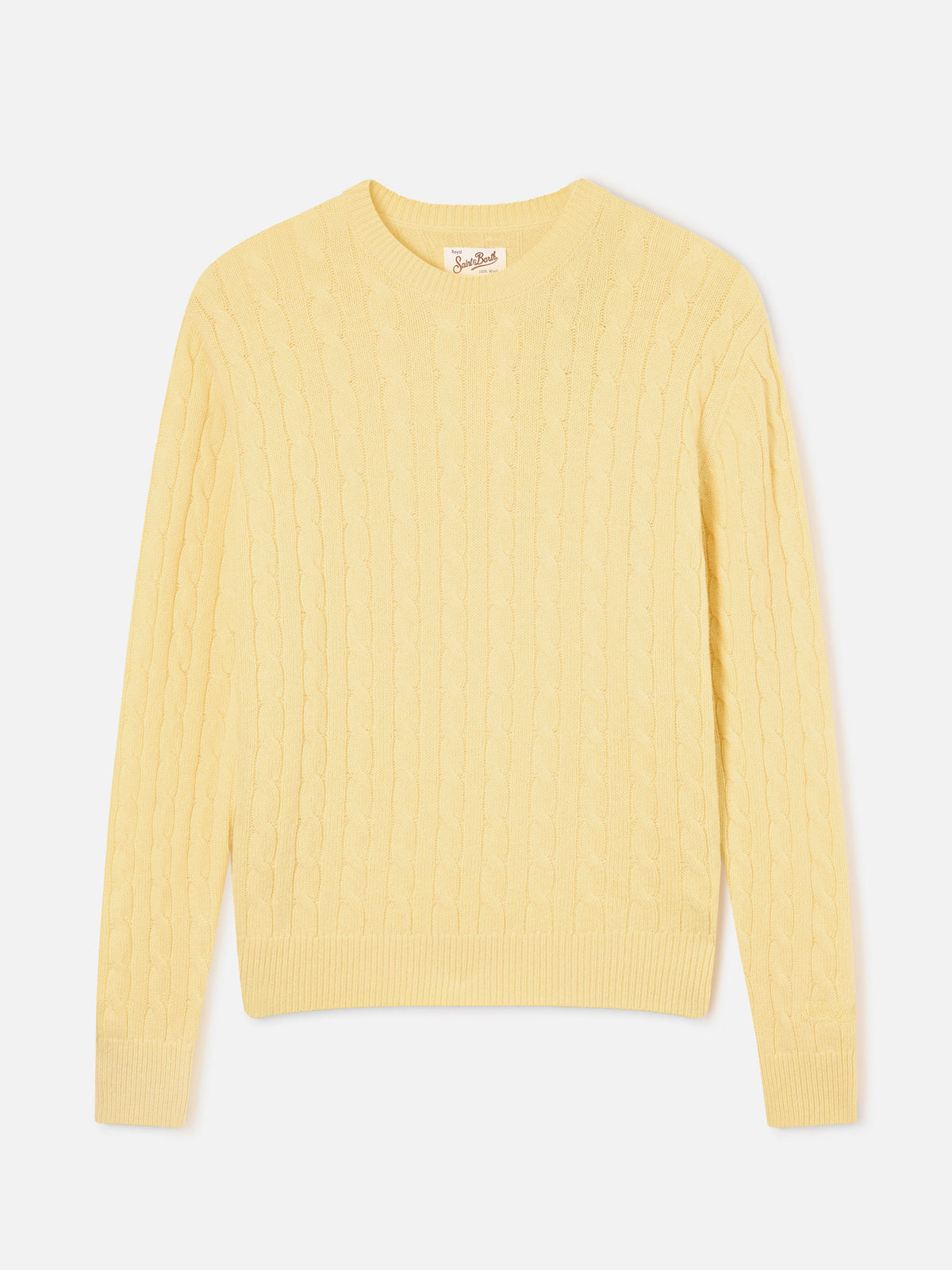 Pull col rond Sorbonne en laine jaune clair avec maille torsadée 