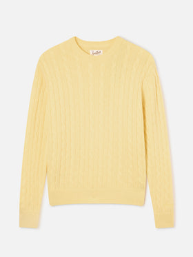Pull col rond Sorbonne en laine jaune clair avec maille torsadée 