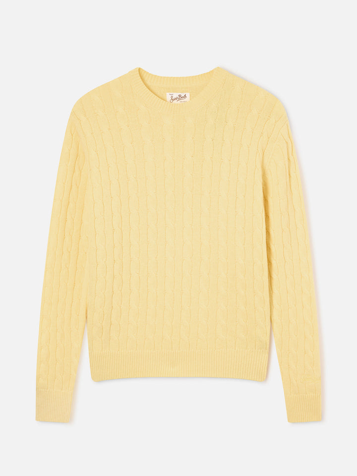 Jersey Sorbonne de lana amarillo claro con cuello redondo y punto trenzado 