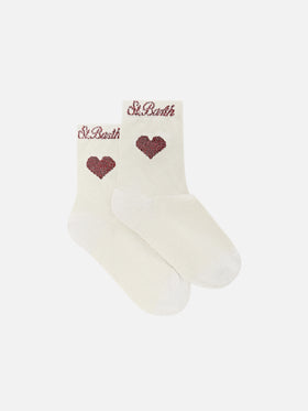 Chaussettes en lurex off white avec motif cœur 