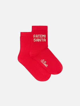 Red socks with Fatemi Santa lettering