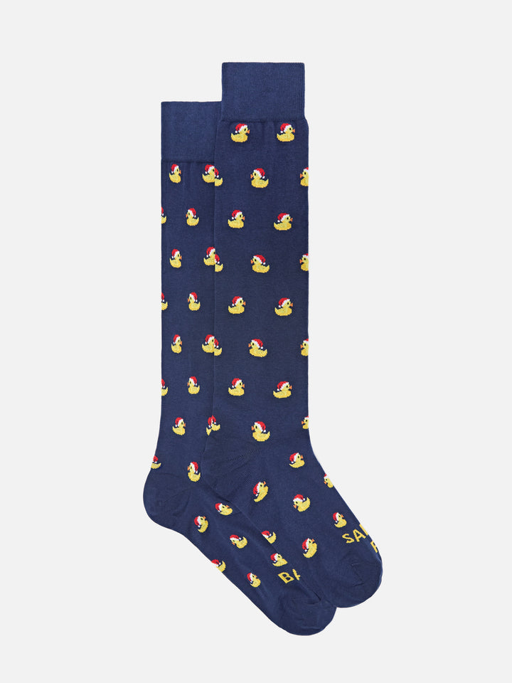 Calzini blu navy con jacquard di paperelle Babbo Natale