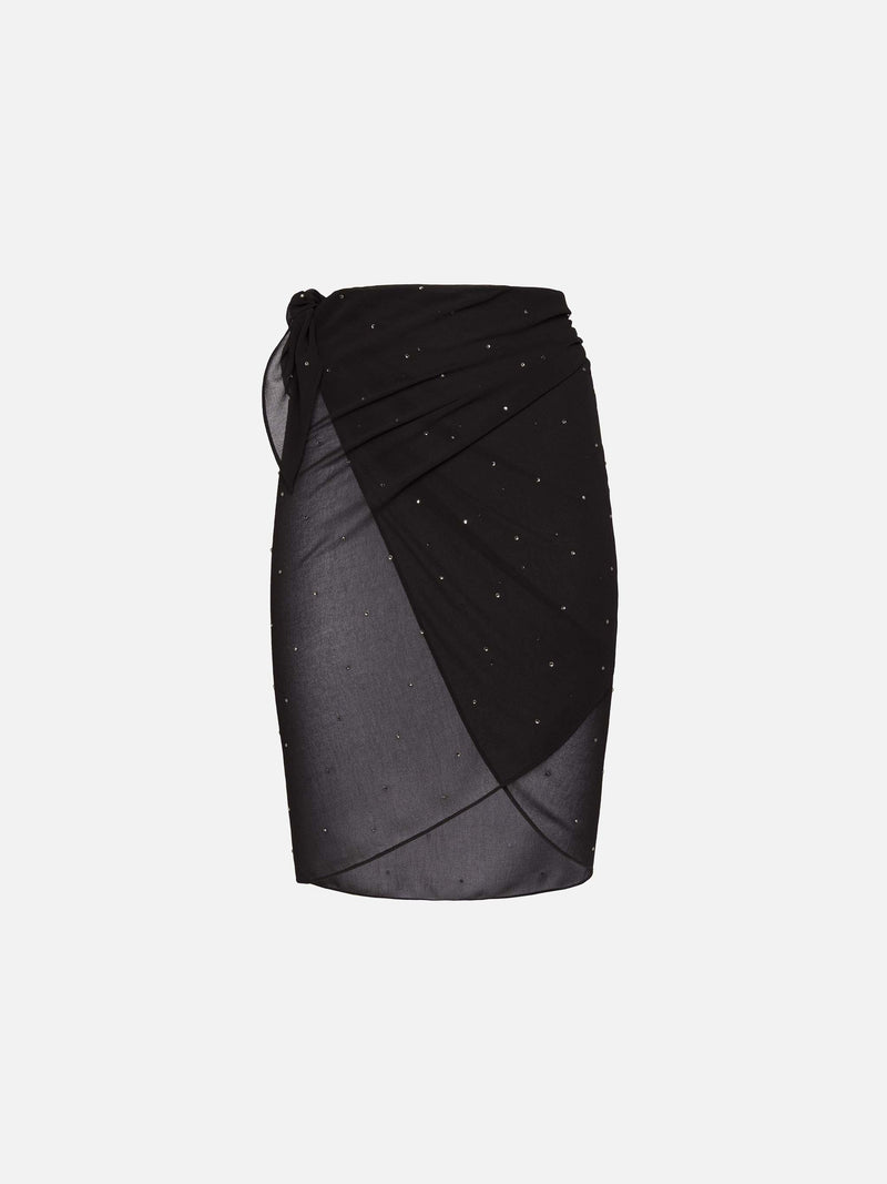 Sery short black georgette pareo with rhinestone embellishment